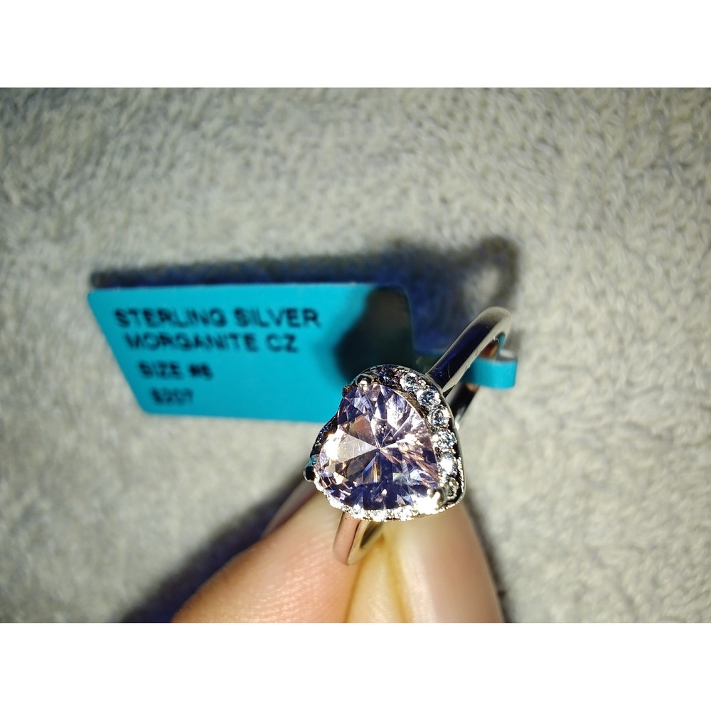Ring Sterling Silver Morganite CZ Heart Halo Size 8